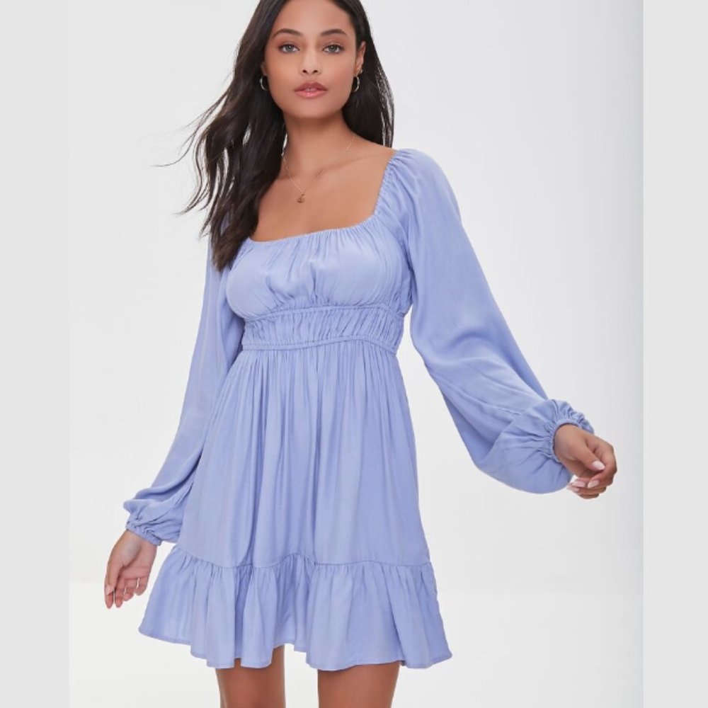 Twill Peasant-Sleeve Mini Dress